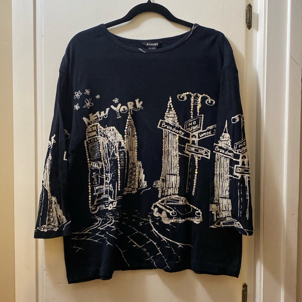 RAAKHEE Graphic NYC New York City 100% Cotton Black White 3/4 Sleeves Shirt 1X